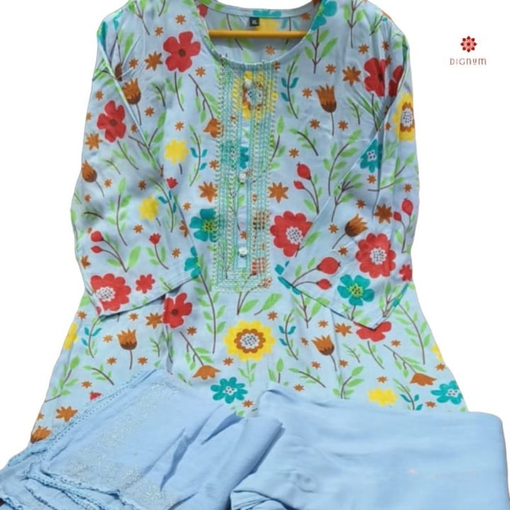 Women Sky Blue Floral Print Rayon Suit Set - Picture 6 of 6